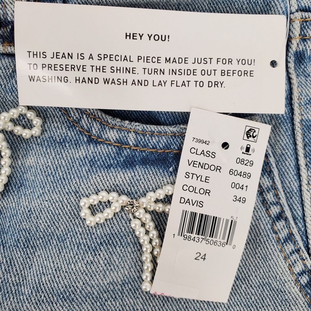 Rare DNM Edit High Rise Festival Denim Short Pearl Bow Size 24 Davis Blue New - Picture 7 of 12